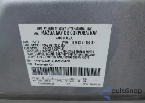 2011 Mazda Mazda6 I Sport from USA, damaged, VIN 1YVHZ8BH7B5M29470